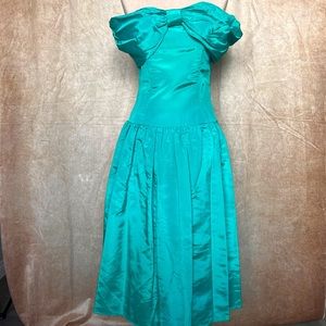 1980s Jade Green Formal. Prom, evening gown. Off shoulder, bow detail.